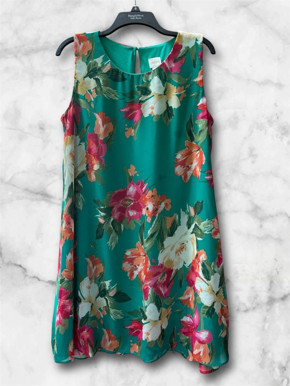 Chico’s Vibrant Floral Tropical Print Shift Dress Lined Ruffle Green Pink Size M
